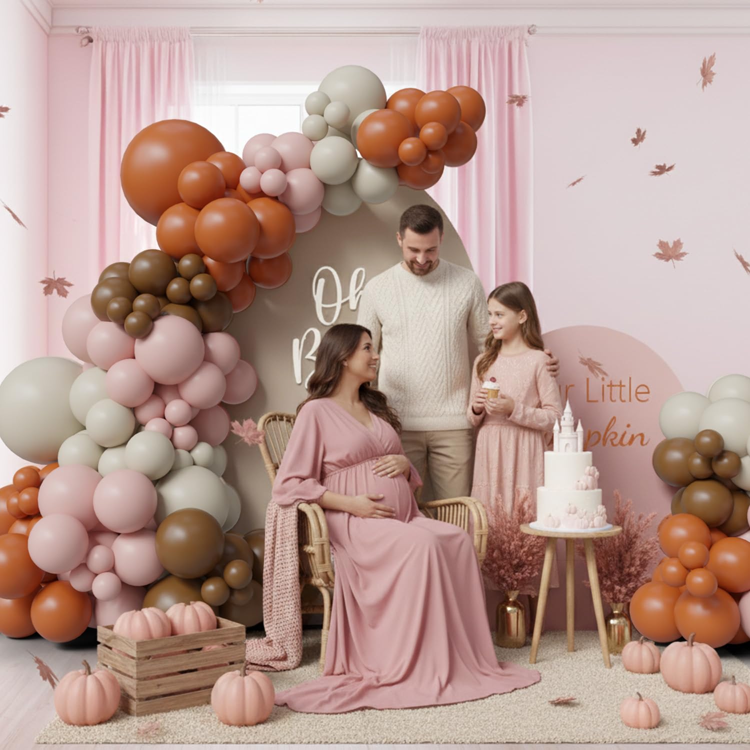 Kit d'arche de ballons en forme de citrouille rose, sable rose, blanc, orange brûlé, marron, décorations de fête prénatale pour fille, fournitures de fête d'anniversaire, guirlande de ballons bohème