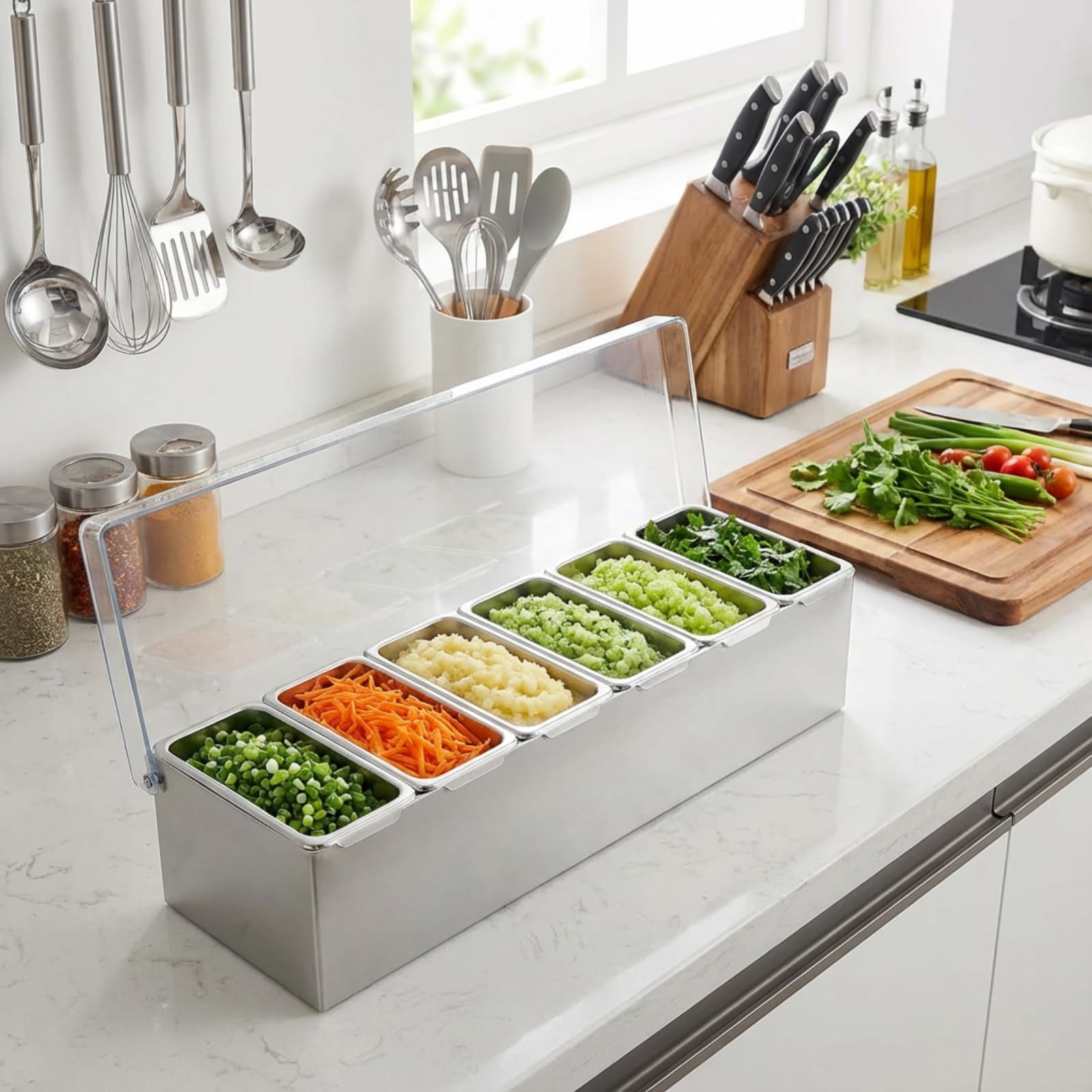 Boao Dispensador de condimentos de acero inoxidable con tapa e inferior, bandeja de condimentos de acero inoxidable de 6 ranuras, bandeja de guarnición enfriada por hielo con 4 cajas de hielo para