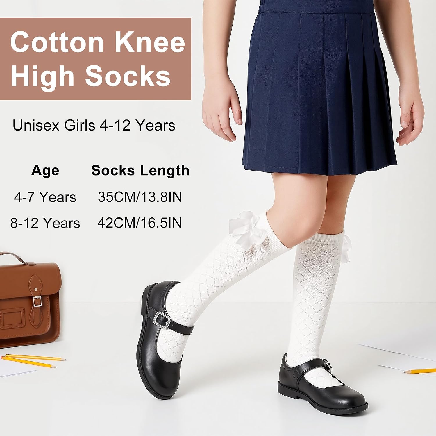 3 Pack Girls Knee High Socks with Bows Cotton School Uniform Long Socks Kids Over the Calf Sock, 4-12 Years