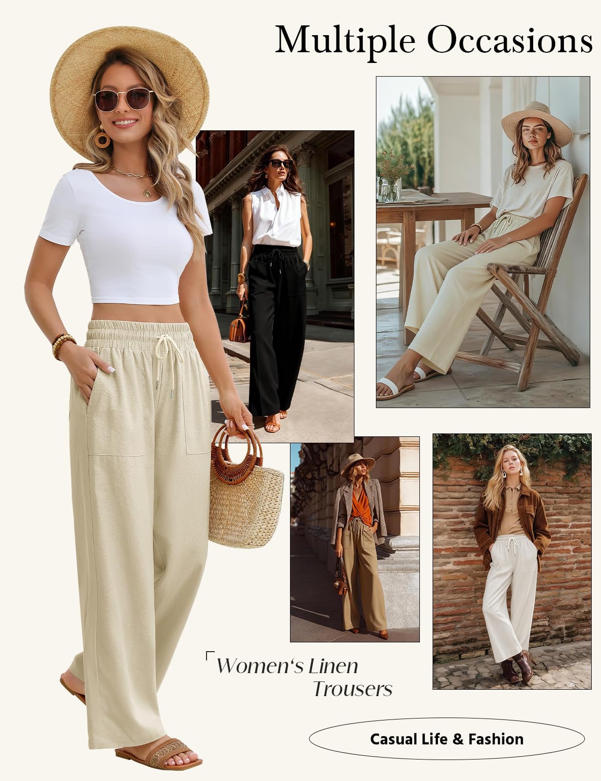 Pantalon Femme Fluide Été Pantalons Lin Taille Haute Elastique Pantacourt Léger Ample Jogging Décontractée Large avec Cordon de Serrage Longueur Pants Chic et Elegant avec Poches