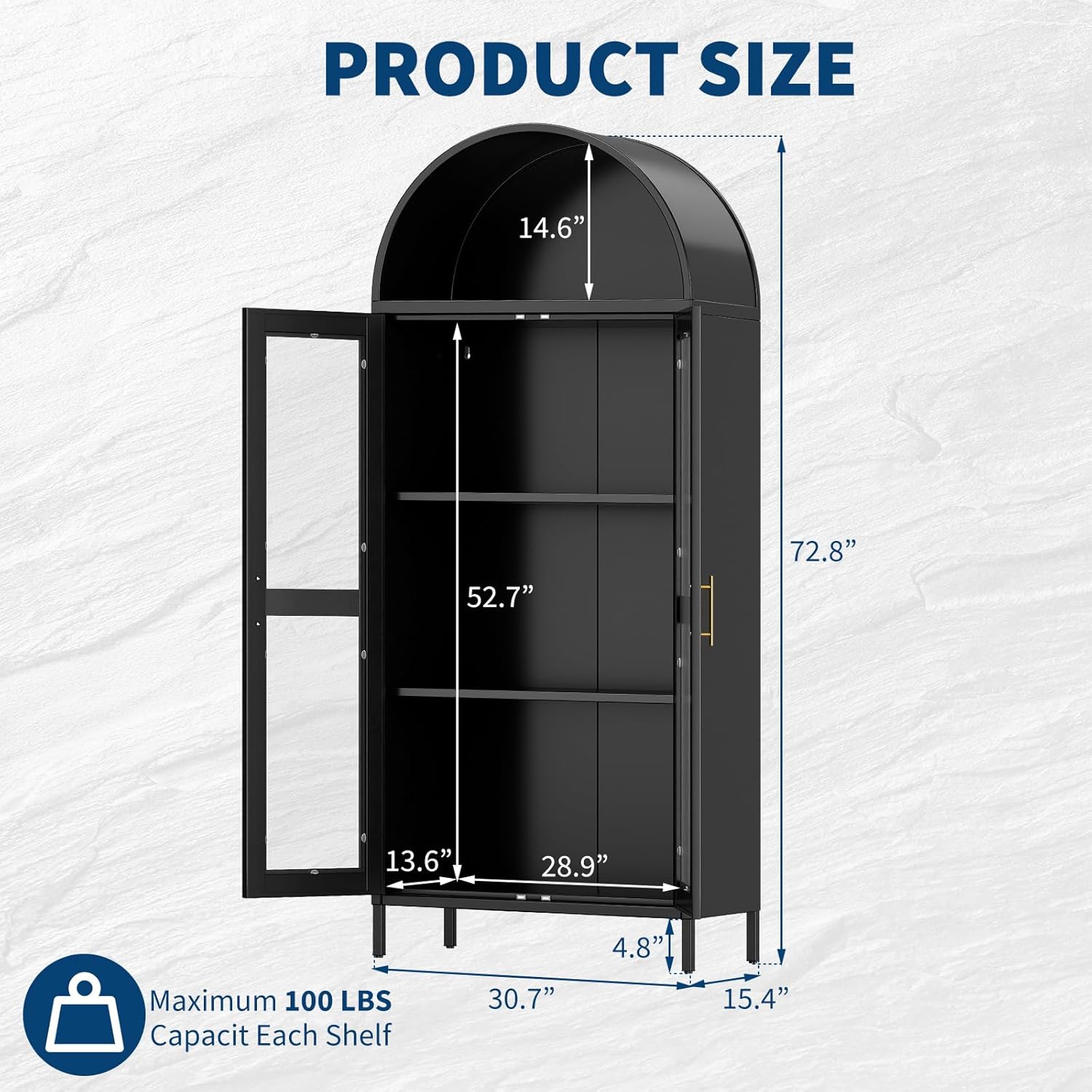 IDEALHOUSE 73In Tall Metal Arched Cabinet, Metal Storage Cabinet with 2 Adjustable Shelves,Modern Kitchen Pantry with Glass Door,Versatile Cupboard for Living/Dinning Room,Assembly Required Black