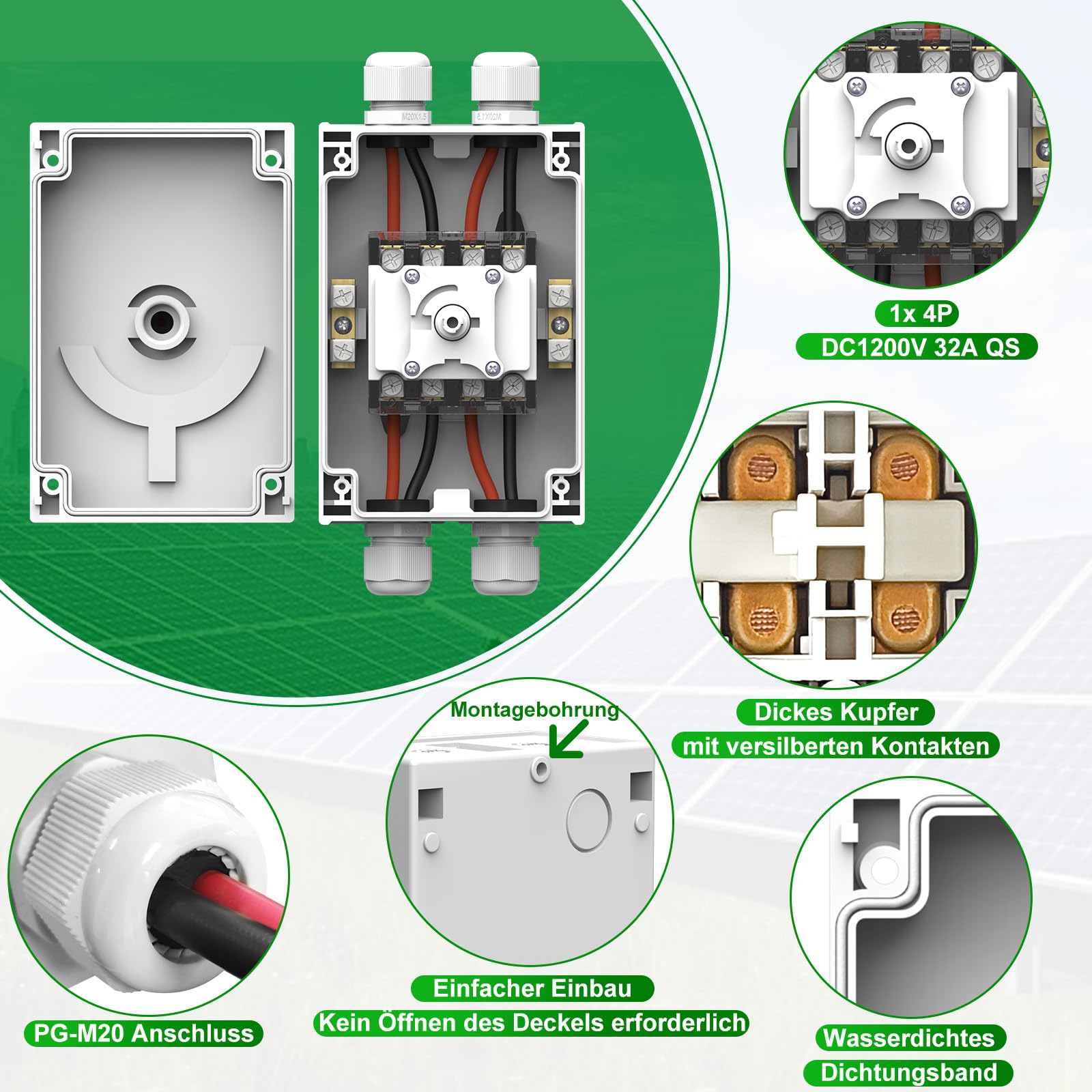 DC Trennschalter PV Anlage 32A 1200V DIY 2 String oder 1 String Leitungsschutzschalter Mit IP66 Wasserdicht Anschlusskasten M20 Anschluss Für Solar