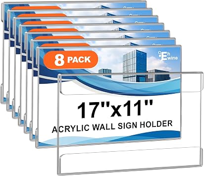 EHWINE Acrylic Sign Holder 11 x 17 Wall Mount with Tape, Horizontal, 8 Pack