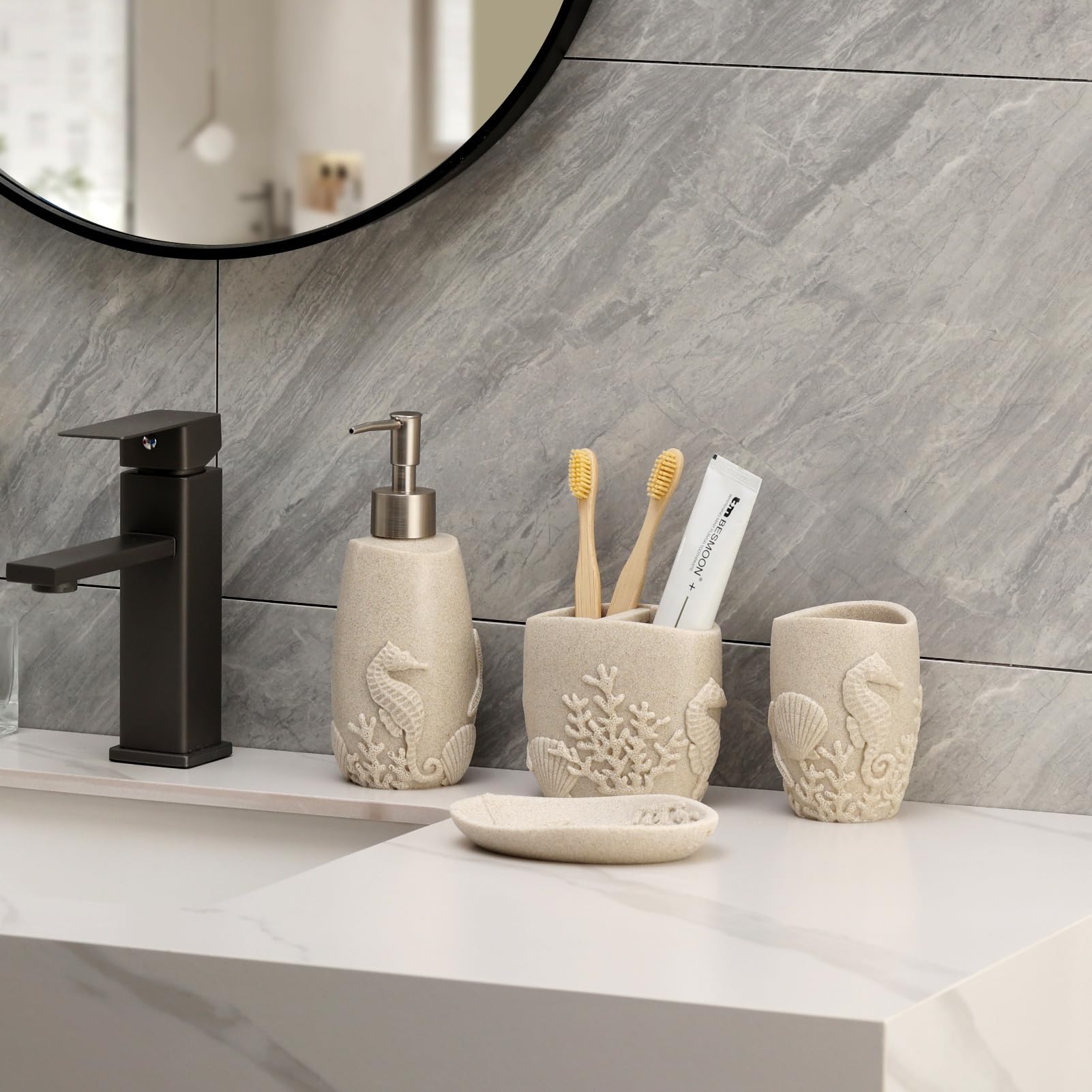 Juego de accesorios de baño, 4 piezas de accesorios de baño con dispensador de jabón, soporte para cepillos de dientes, vaso, jabonera, organizador de encimera de baño, decoración de baño de 6