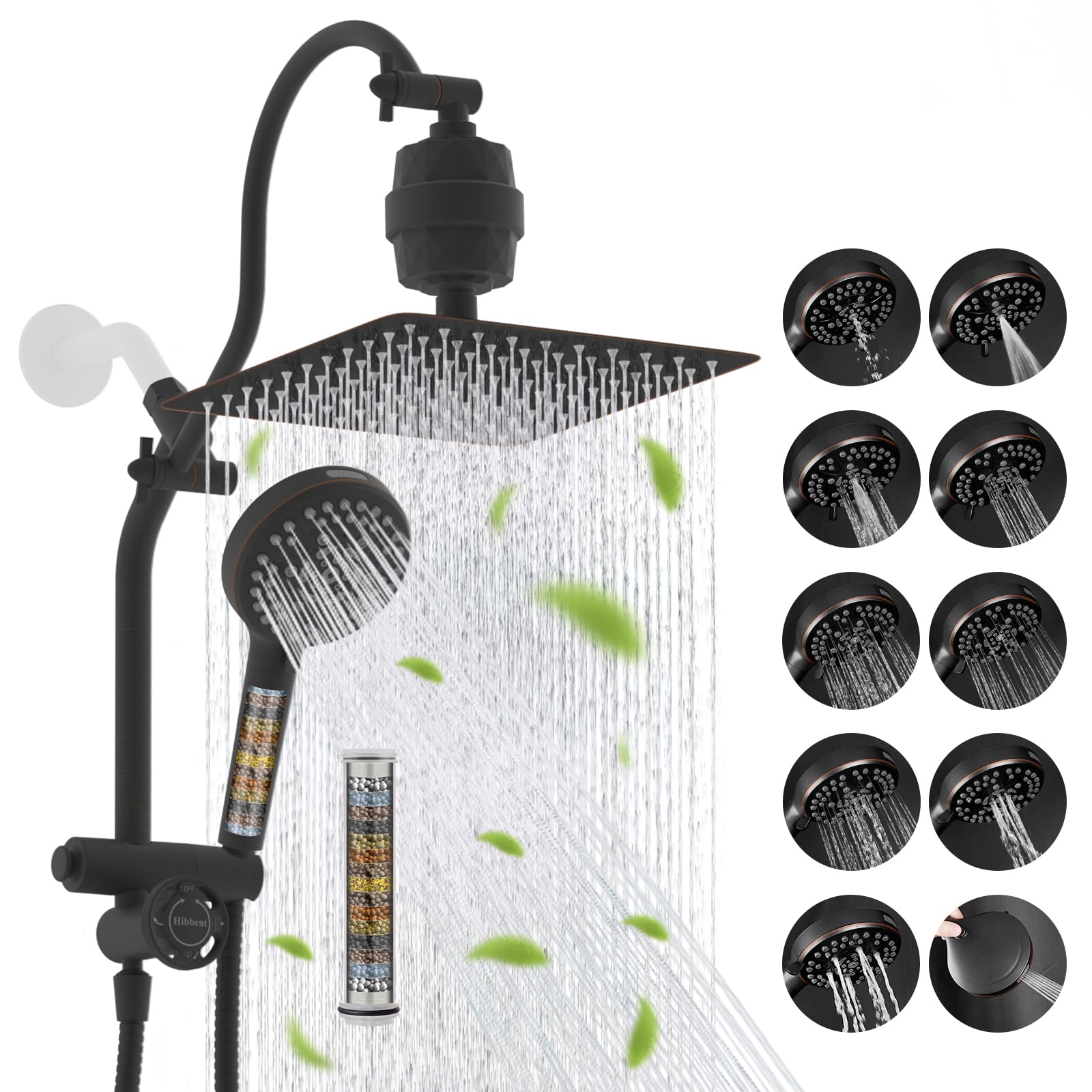 Hibbent 10" Dual Filtered 10" Rainfall Shower Head with Handheld 10-Spray