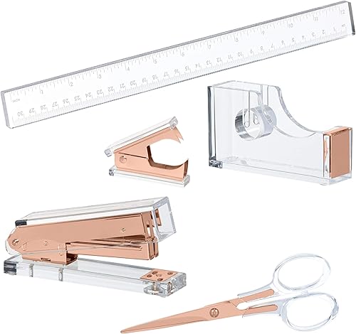 Miniatura 10 de Paquete de acrílico plateado Lucite  Grapadora premium, dispensador de cinta, tijeras, removedor de grapas y juego de regalo de regla  Papelería