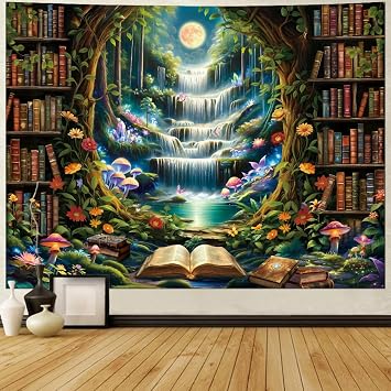 Amonercvita Bookshelf Tapestry Fantasy Waterfall Tapestries Magical Library Tapestries Aesthetic Plants Bookcase Tapestry Wall Hanging for Home Decor