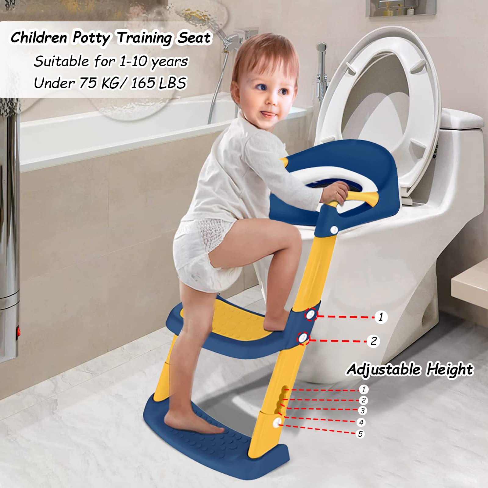 Sedile Riduttore WC per Bambini, Riduttore Water Bambini Regolabile, Toilet Ladder Seat, Pieghevole Training WC Vasino Sedile, Vasino Pieghevole Allenatore WC Scala con Pedali Paraspruzzi Cuscino