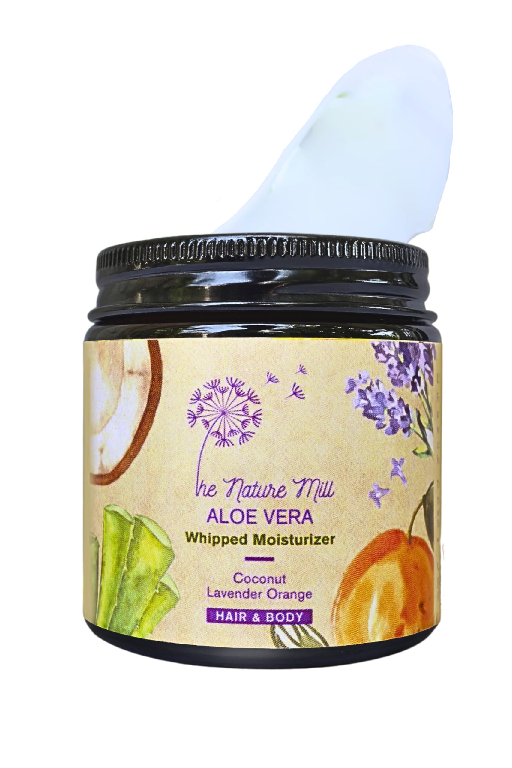 The Nature Mill Aloe Vera Whipped Moisturizer. Pure all natural aloe vera gel whipped with virgin coconut oil & essential oils. No cream base, extracts, or fragrances. For skin & hair. (100g, Coconut Lavender Orange)