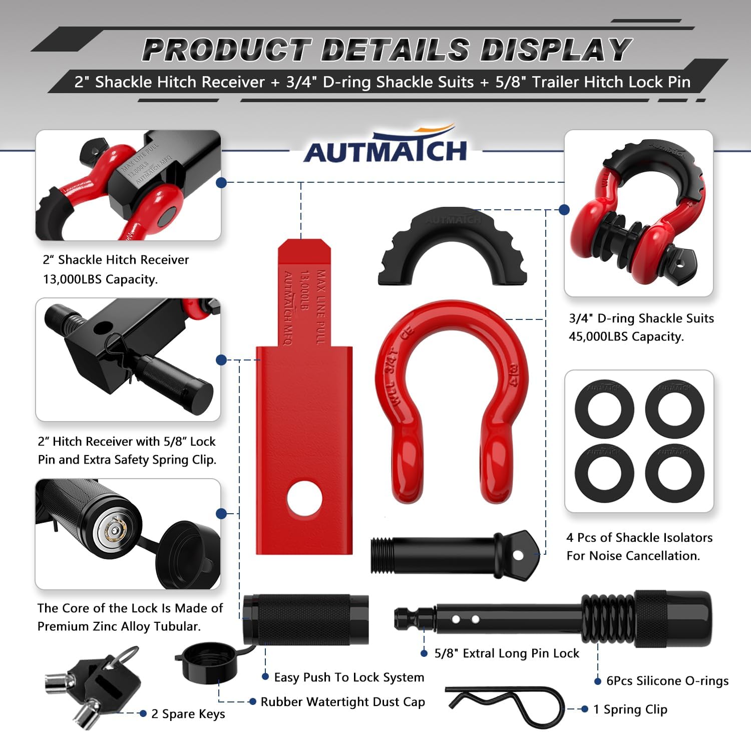 AUTMATCH Shackle Hitch Receiver 2 Inch with Hitch Tightener Anti-Rattle Clamp, 3/4" D Ring Shackle and 5/8" Trailer Hitch Lock Pin, Heavy Duty Receiver Kit for Vehicle Recovery, Red