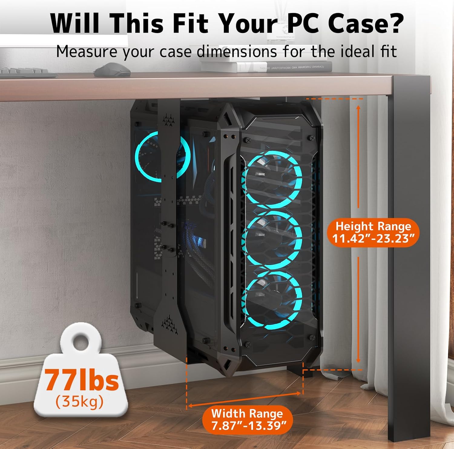 PUTORSEN Under Desk PC Mount, 7.9-13.4’’ Width Adjustable Computer Tower Stand, up to 77 lbs, with Protective Mats, for Mid/Mini-Tower Case in Office,Gaming, Laboratory and Home, Black
