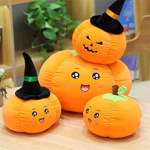 Miniatura 6 de Peluche de calabaza de Halloween, almohada suave de calabaza rellena con sombrero de bruja, decoración de fiesta (hoja verde, 13.8 pulgadas)