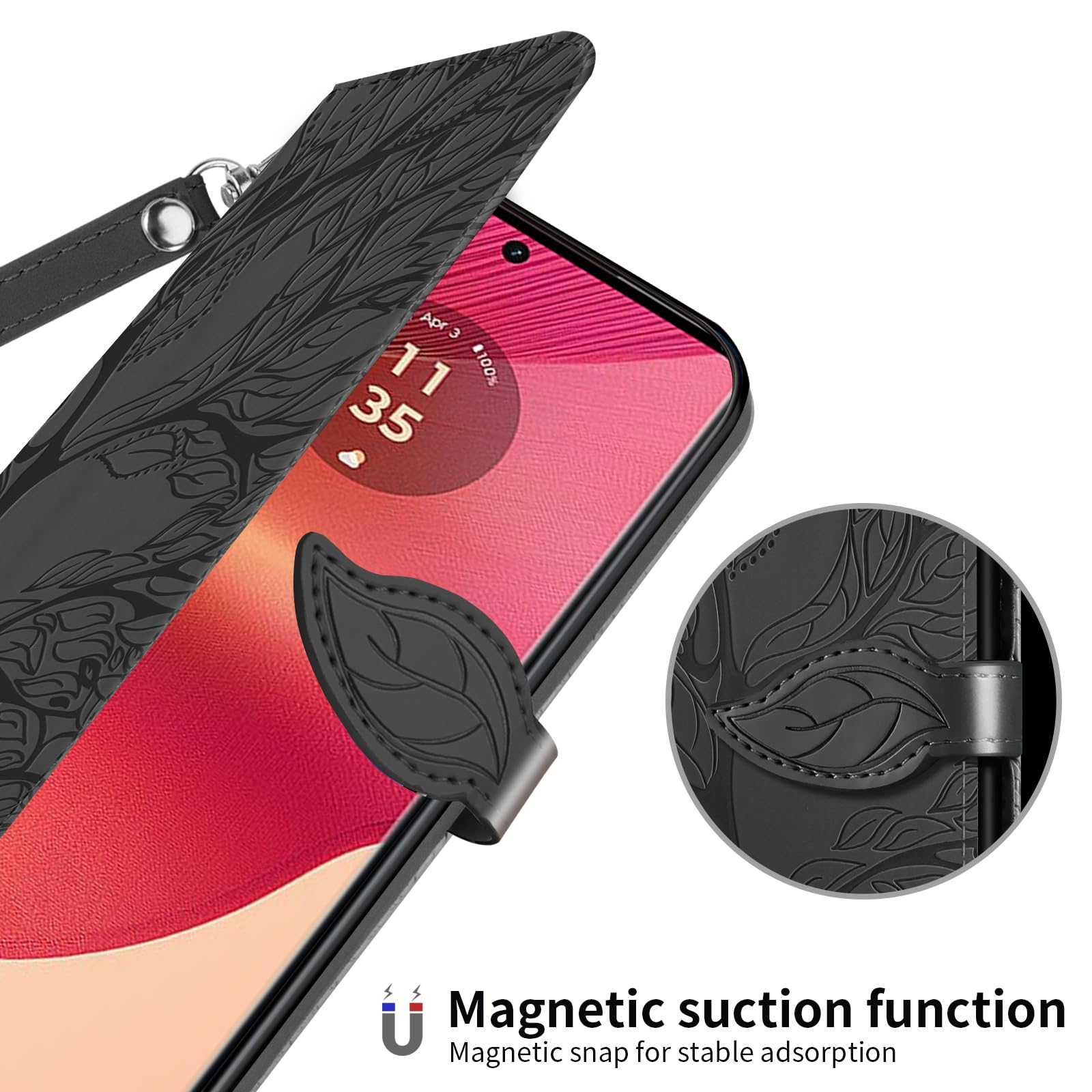 Etui na telefon Motorola Edge 50 Fusion Presowane drzewo PU skóra Motorola Edge 50 Fusion Flip Etui Portfel Torba Etui na Motorola Edge 50 Fusion Czarny