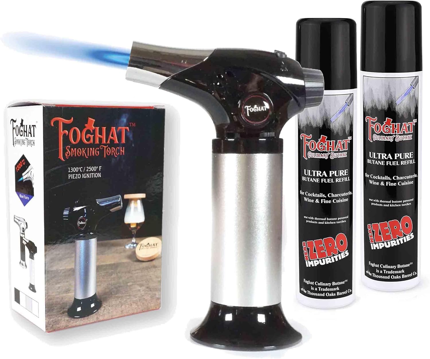 Foghat Kitchen Torch with Butane Included for Smoked Cocktails and Cooking - Handheld Refillable Culinary Butane Kitchen Blow Torches Food Lighter Gun, Creme Brulee Torch (TORCH + BUTANE 2x60ml SET)
