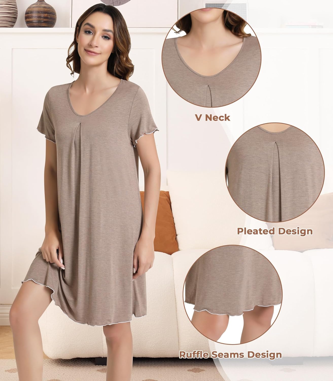 NACHILA Women's Nightgowns-Viscose Made from Bamboo, Soft Short Sleeve Nightgowns Comfy V Neck Night Shirt Cooling Sleepwear