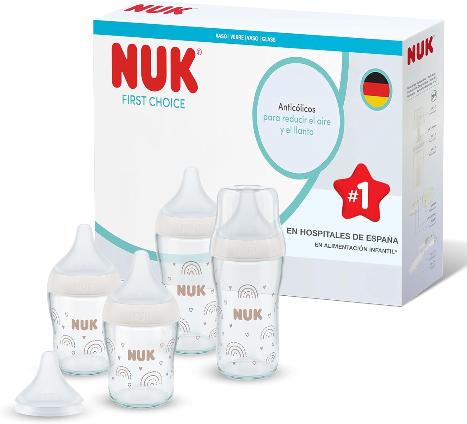 NUK Perfect Match Biberón | 0-3+ meses | 120 ml & 230 ml | Biberón anticólicos recién nacido | Vidrio | Indicador de control de temperatura | Arcoíris | 4 unidades
