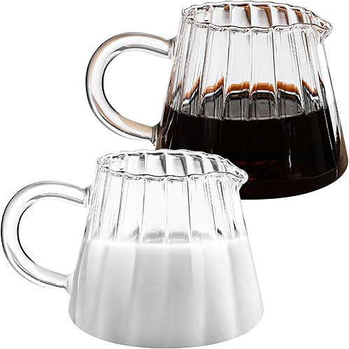 Loscarol 2 jarras pequeñas para crema, elegante jarra de crema de vidrio con forma de onda, para café, leche, té, jarra de espuma de leche de 6