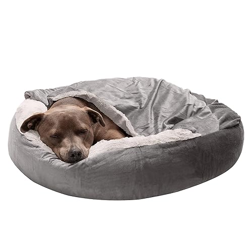 Furhaven 27" Round Calming Donut Dog Bed for Medium/Small Dogs, Washable, For Dogs Up to 45 lbs - Plush Velvet Waves Hooded Donut Bed - Dark Gray, Medium - 27.0"L x 27.0"W x 8.5"Th - Faux Fur & Velvet (Dark Gray)