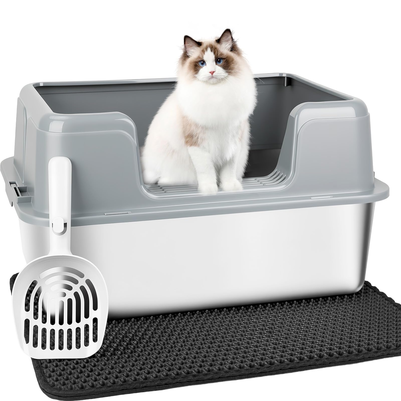 Vivifying Stainless Steel Cat Litter Tray with Lid, Easy to Clean and Odour-Resistant Stainless Steel Litter Tray, Leak-Proof Cat Litter Trays with Mat, Scoop, 60x40x15Cm,- Grey