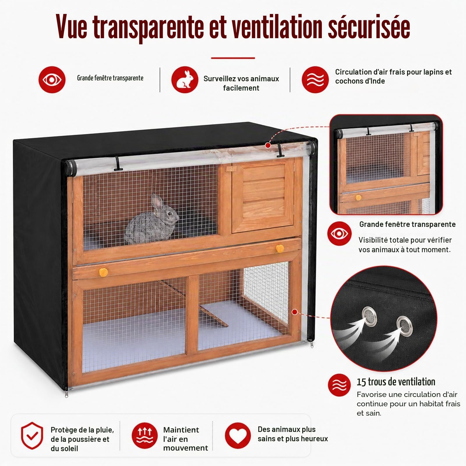Housse de clapier double de 122,9 cm, coupe-vent, imperméable, thermique, pour cage à lapin, cochon d'Inde, enclos et clapiers d'extérieur pour petits animaux. Housse anti-poussière pour clapier pour