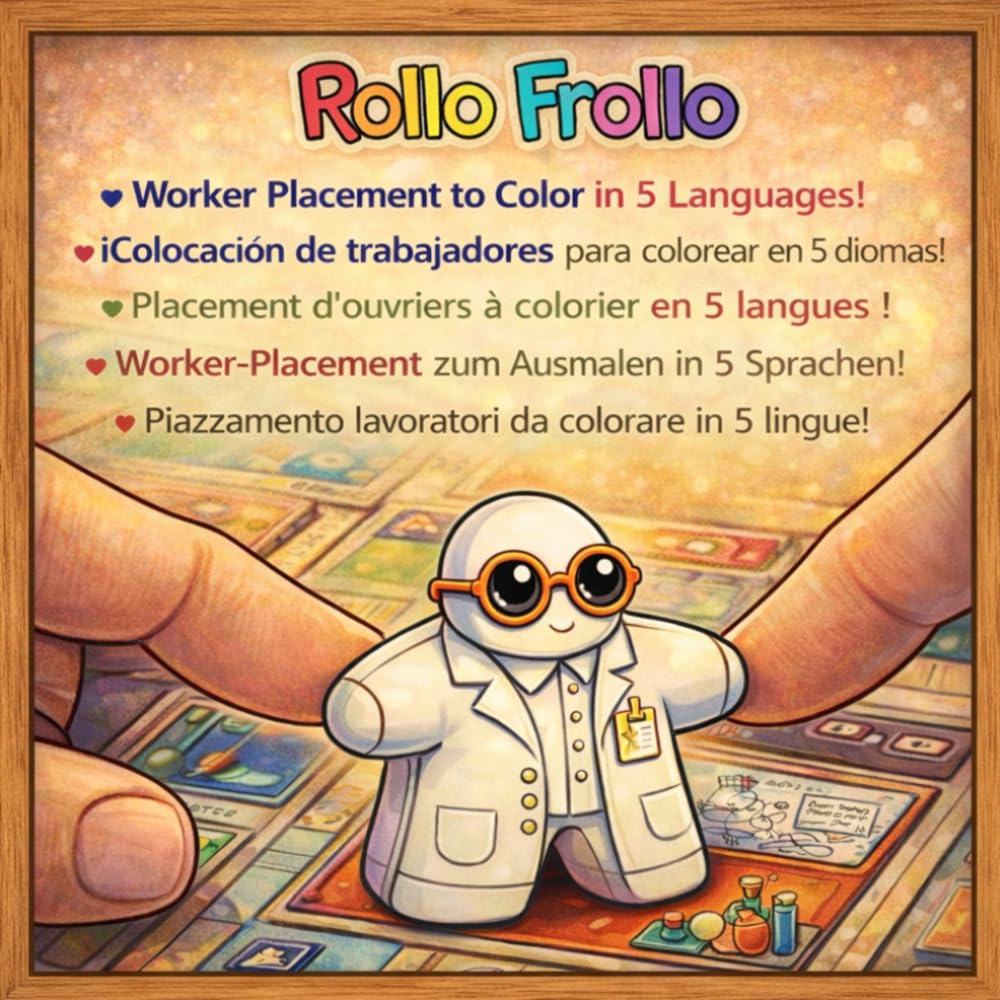 Worker Placement coloring page in 5 languages!: Learn the names of professions in 5 languages by coloring the classic wooden board game pawns! (Rollo Frollo: learn 5 languages while you color!)