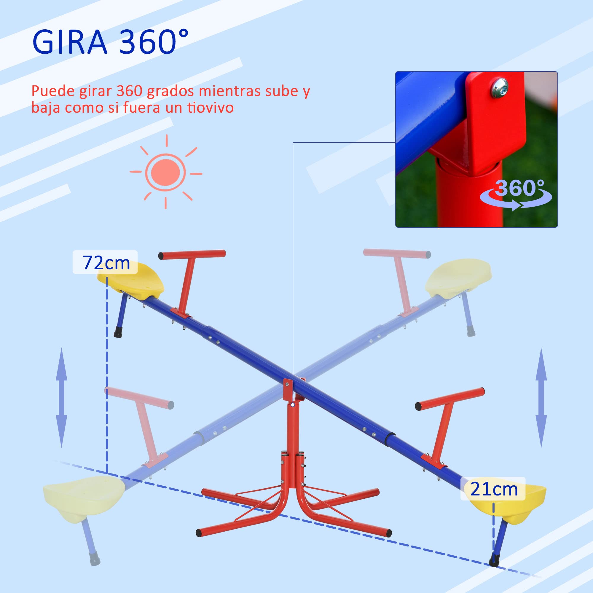 Outsunny Balancín Giratorio 360 Grados para Niños +3 Años con Base de 4 Varillas Postes de Tope y Asas Fáciles de Agarrar Patio Jardín 184x76x71 cm Multicolor