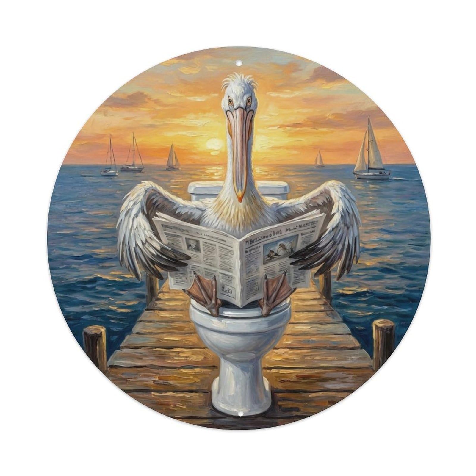 Pelican On Toilet Humorous Bathroom Pier Sunset Reads Metal Tin Sign