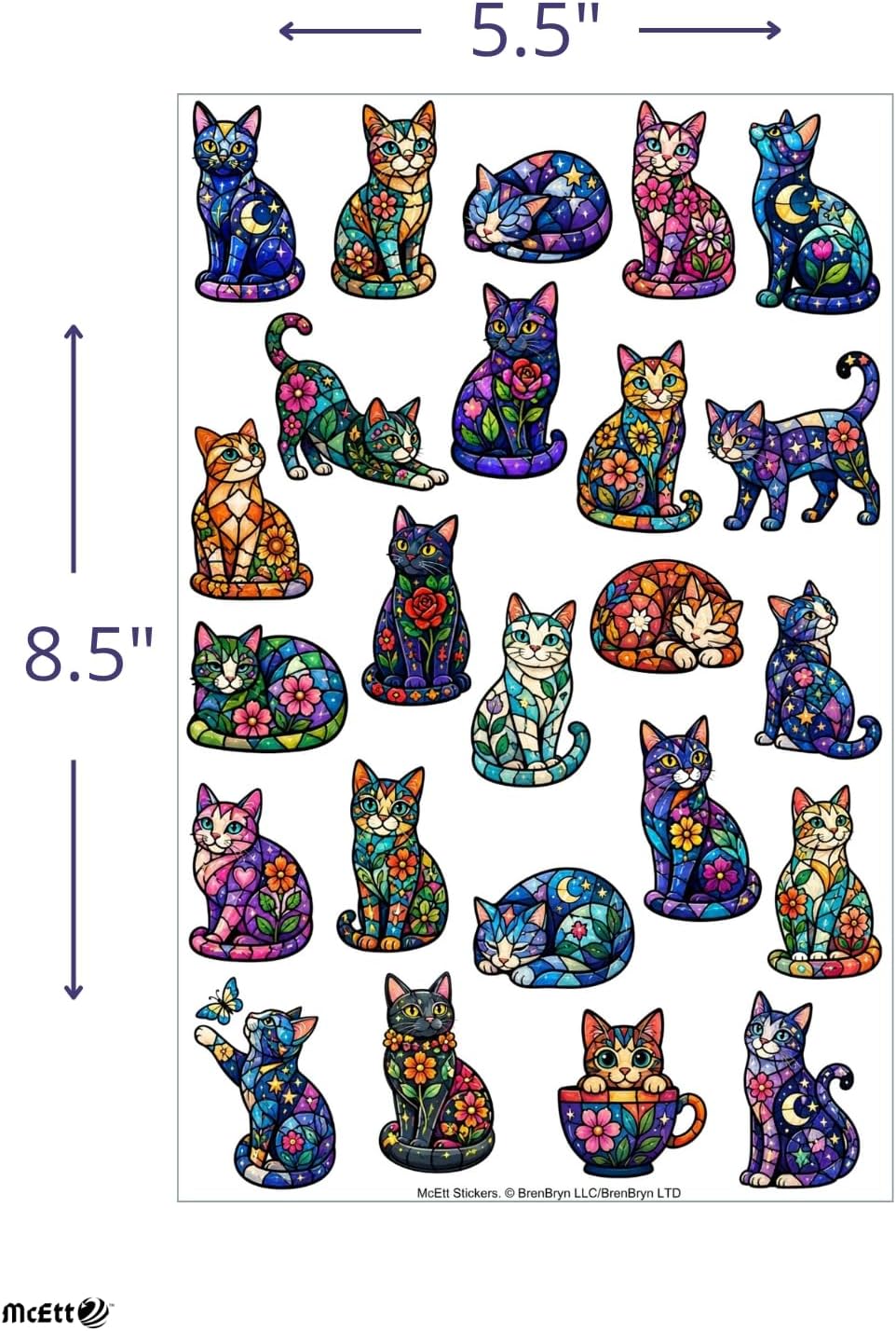 McEtt Stained Glass Cat Sticker Sheets – 5 Pack (120 Artistic Cat Stickers)