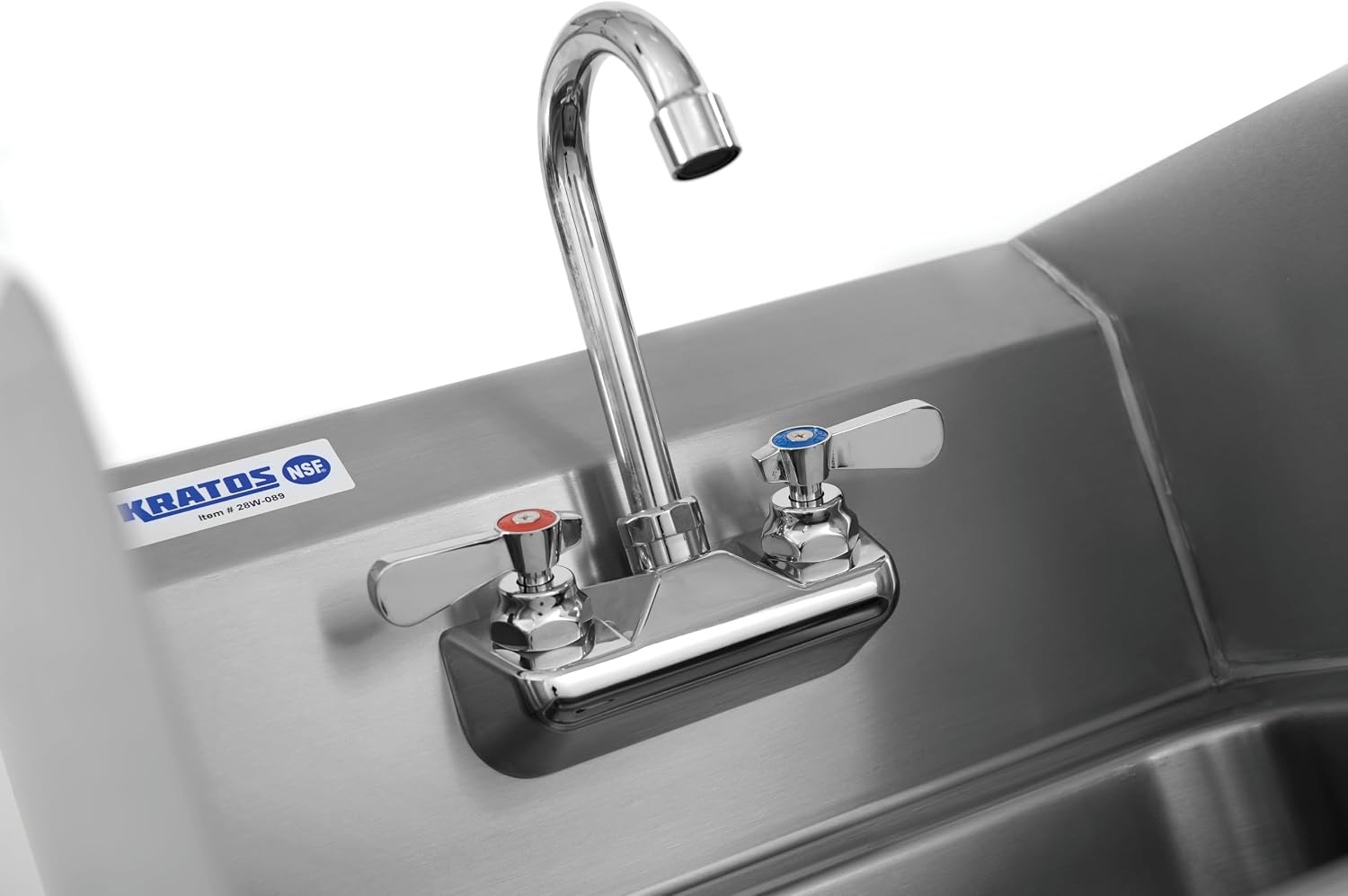 Close-up of the Kratos 28W-091 Hand Sink gooseneck faucet and NSF certification label