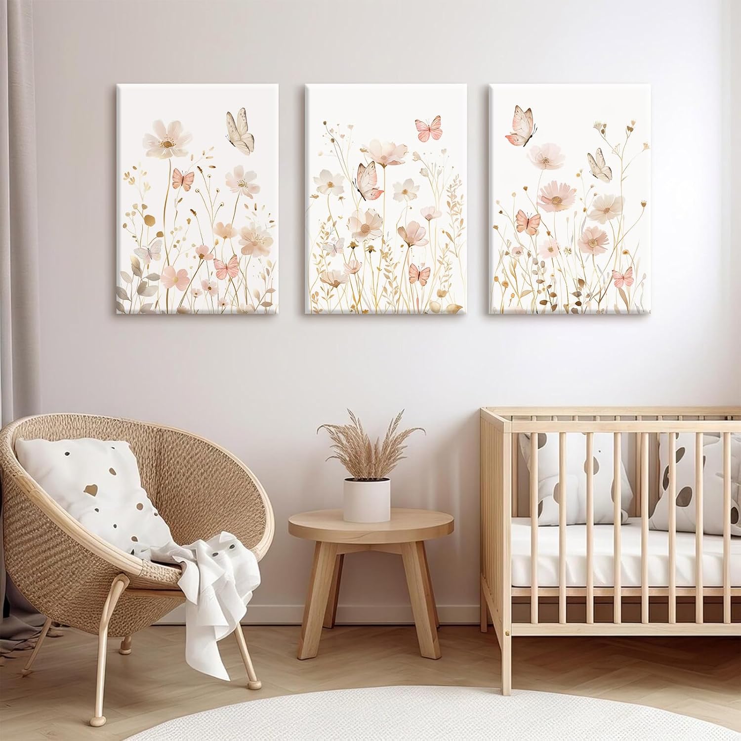 Pink Boho Floral Wall Art Vintage Nursery Wildflower Canvas Wall Decor Watercolor Flower Prints Pink Botanical Poster Butterfly Pictures Gold Floral Painting for Bedroom 12x16 Inch Ready to Hang 3pcs