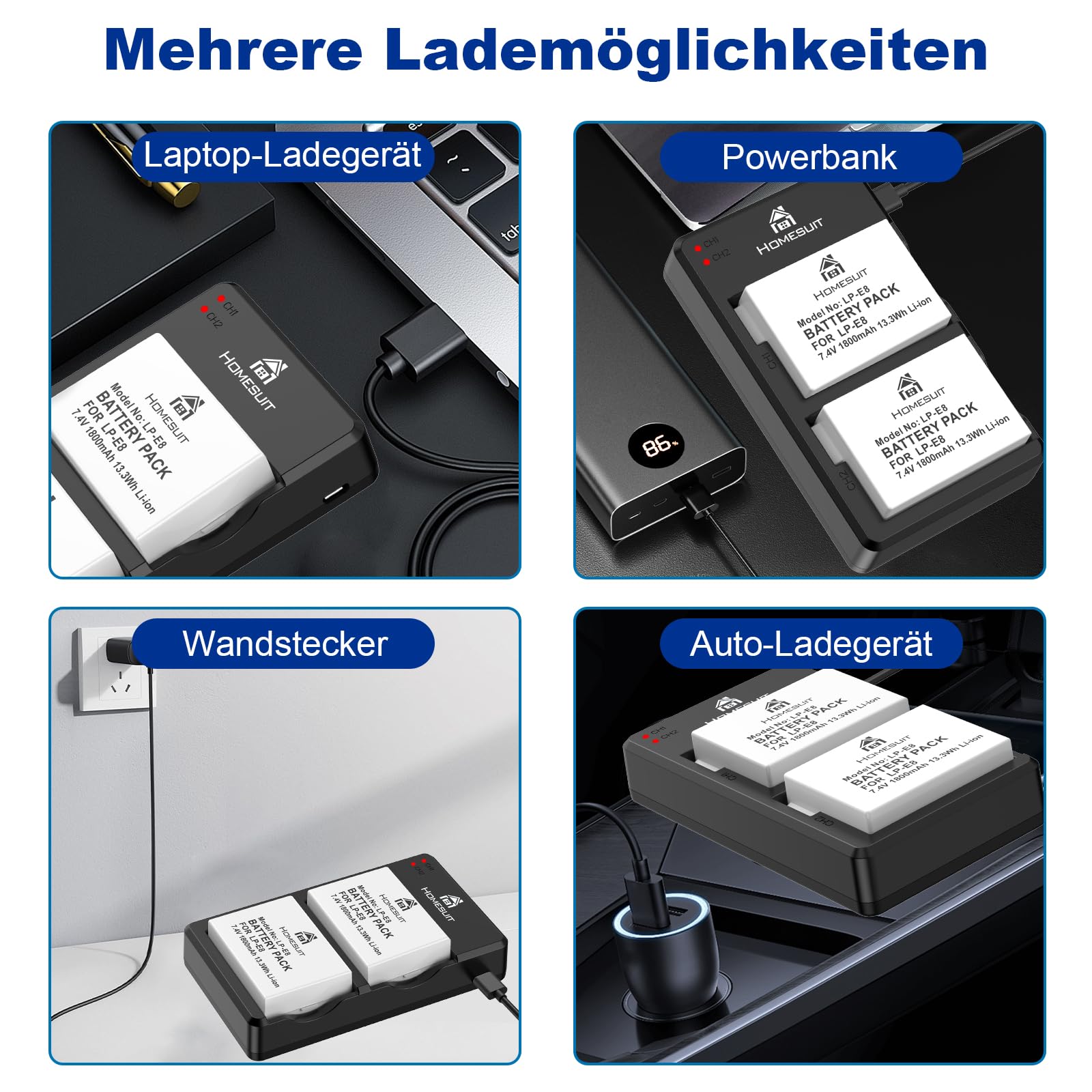 Homesuit LP-E8 Akku 1800mAh und LED USB Dual Ladegerät für Canon EOS Rebel T2i T3i T4i T5i EOS 550D 600D 650D 700D Kiss X4 X5 X6 X6i X7i Kamera (2er-Pack)