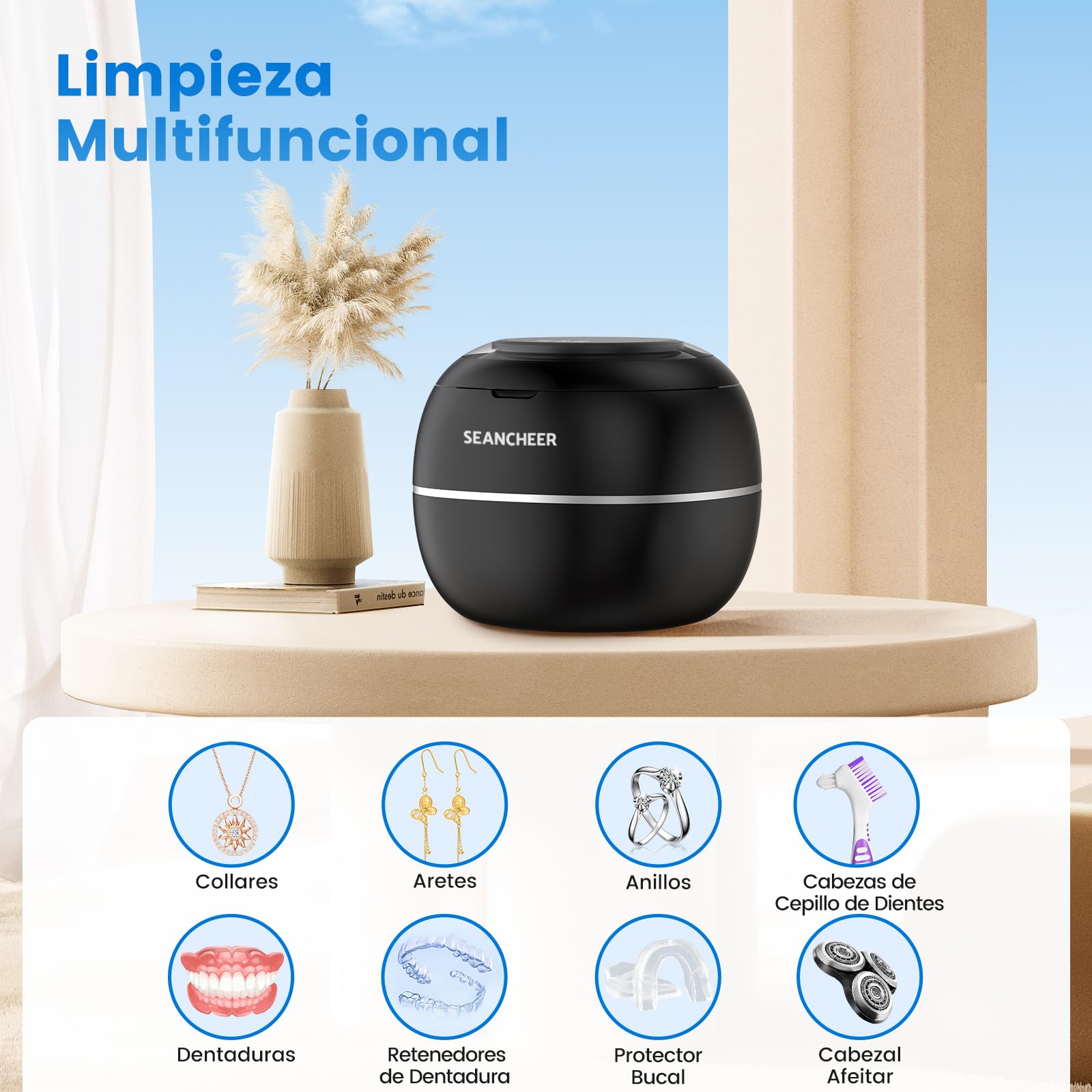 SEANCHEER Limpiador Ultrasonidos 48000Hz Ultrasonidos Limpieza | 24W | 180ML | Lampara UV | Ultrasonic Cleaner Portatil para | Dentaduras | Ferula Dental | Retainer | Aligner | Joyas | (Negro)