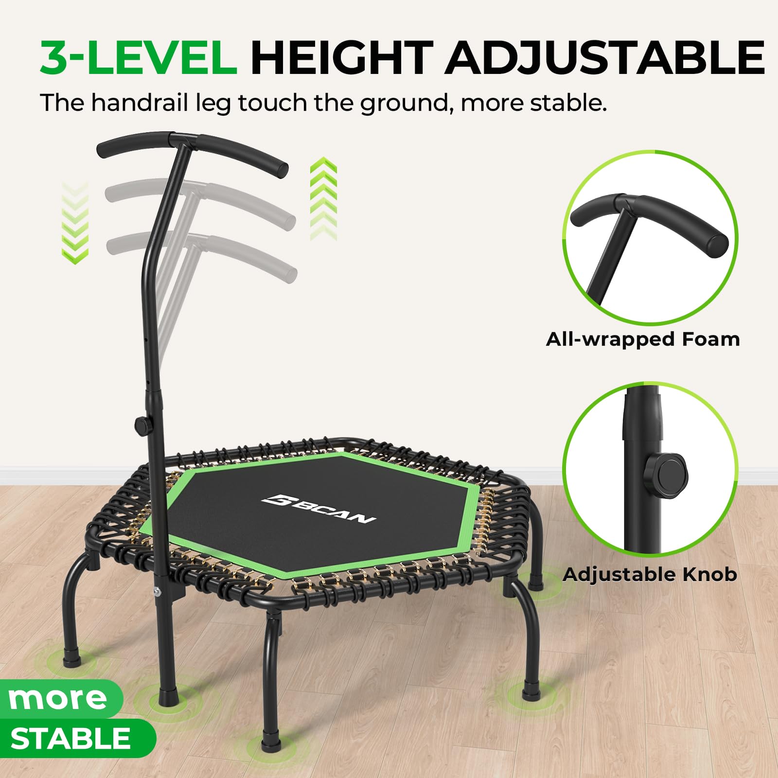 Trampolina wewnętrzna BCAN Fitness, średnica 102/122 cm, mini trampolina bungee/sprężynowa, odpowiednia dla osób dorosłych o wadze do 204/250 kg, z regulowanymi uchwytami, cicha i niskowibracyjna.