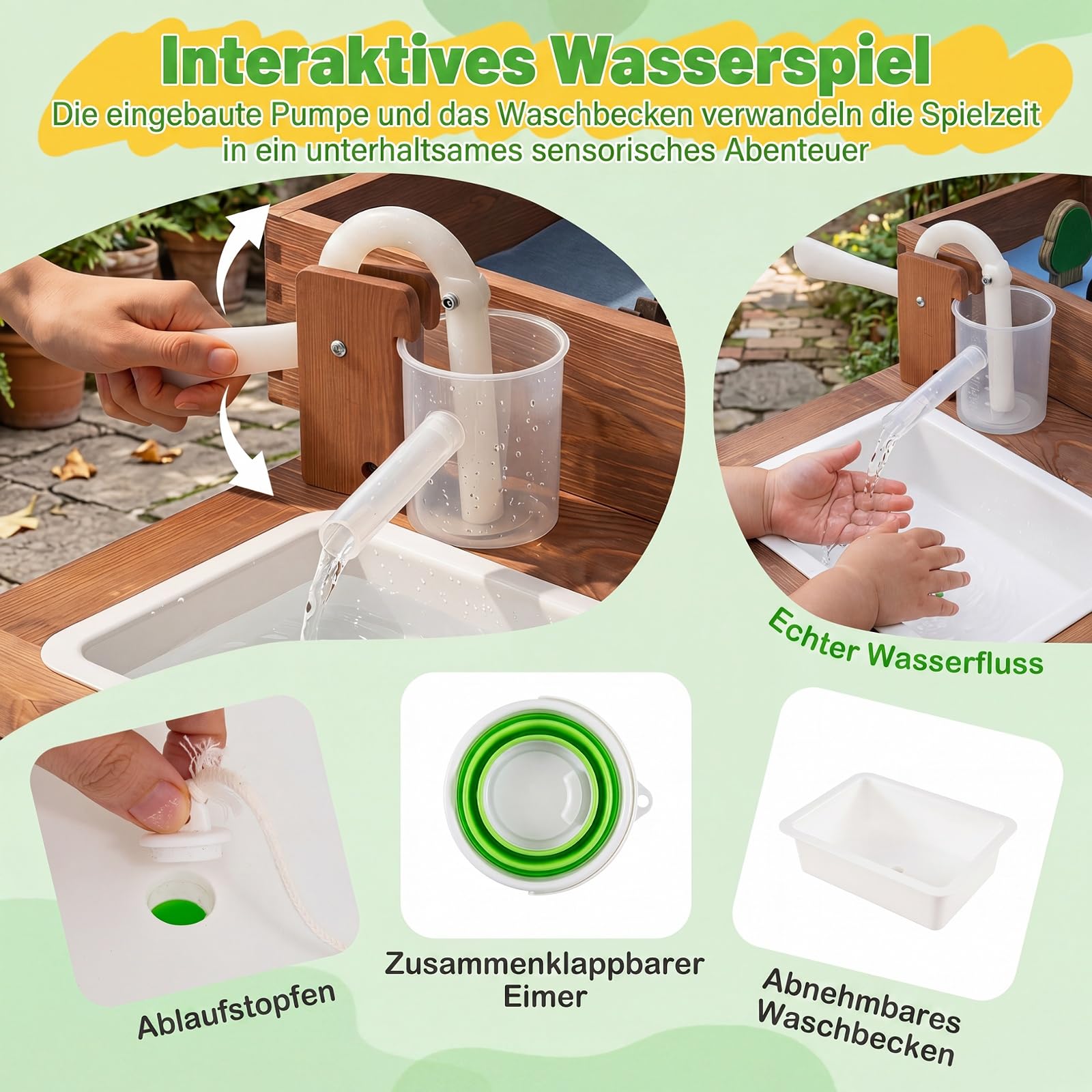 COSTWAY Outdoor Matschküche für Kinder, Wasserspieltisch mit Korb & Ablage | Sandkasten mit Wasserpumpe, Eimer, Zubehör & Sandschaufeln, Holz Sandbox für Kinder ab 3 Jahren, für Garten & Terrasse