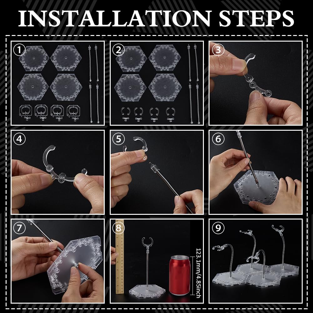 FINGERINSPIRE 4Sets Adjustable Clear Snake Arm Doll Stand Holder Hexagon Base for Action Figure Collectible Model Display Bendable Alloy Support Arm Durable Plastic Base for Waist 3cm Model Display - Image 3