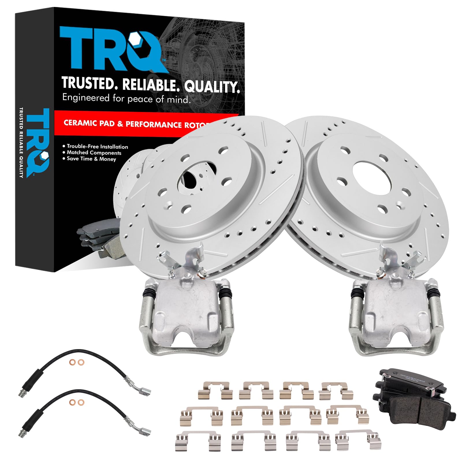 TRQ Performance Rear Brake Pad and Rotor Set Ceramic Slotted Drilled G Coated Rotors Calipers Compatible with 2013-2016 Buick LaCrosse 2011-2016 Regal 2014-2018 Chevrolet Impala 2013 Malibu