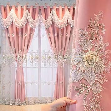 Luxury European Double Layer Embroidered Curtains with Wavy Valance for Living Room BedroomSize66 x 96 Inch,ColorD