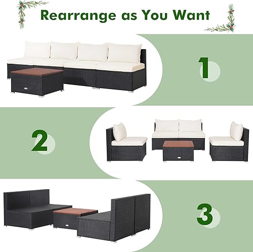 Miniatura 4 de Tangkula Patiojoy - Juego de muebles de patio para exteriores juego de conversación de mimbre de polietileno con mesa de madera de acacia maciza y