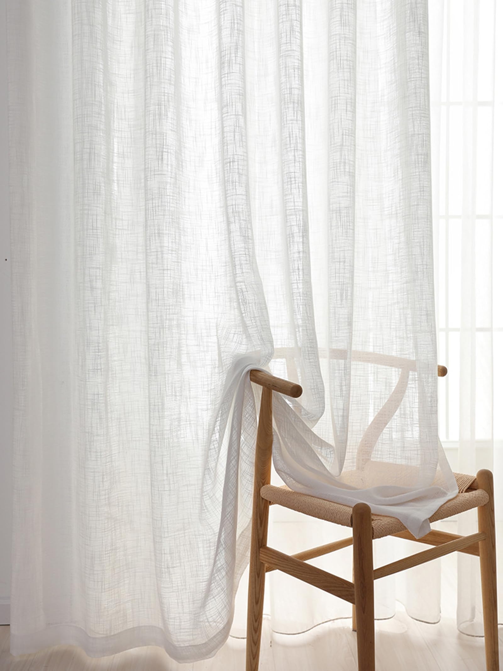 Rideaux voilage salon 200 x 250 avec oeillets aspect lin blanc semi transparent