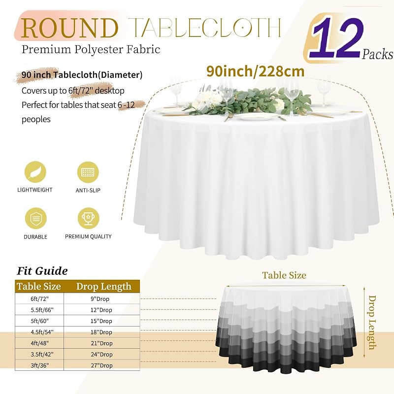 Teruntrue 12 fețe de masă rotunde albe, 90 inch, diametru 228 cm, poliester, lavabile, pentru nunți, banchete, evenimente și restaurante