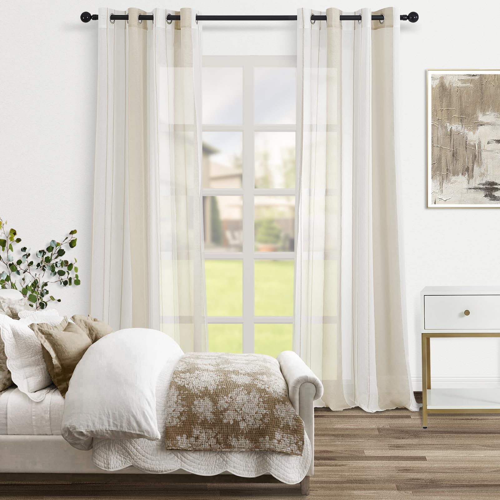 Topfinel Tende per Interni Soggiorno Camera da Letto Cameretta Bimbo Voile Semitrasparenti Righe Con Occhielli Strisce Decorativi Per Tenda Finestra Balcone Casa 2 Pannelli 140x260cm Cachi