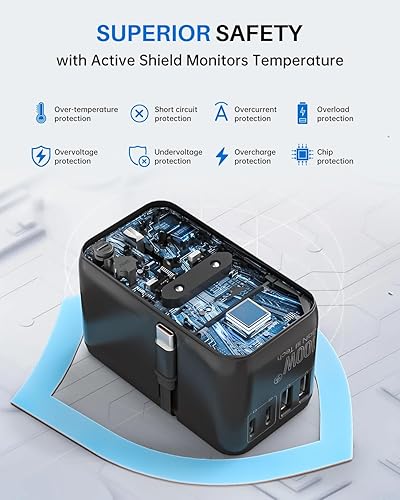 Miniatura 7 de DOACE Adaptador de viaje universal, adaptador de enchufe de viaje europeo GaN 3.0 de 100 W con cable USB-C integrado, adaptador de corriente