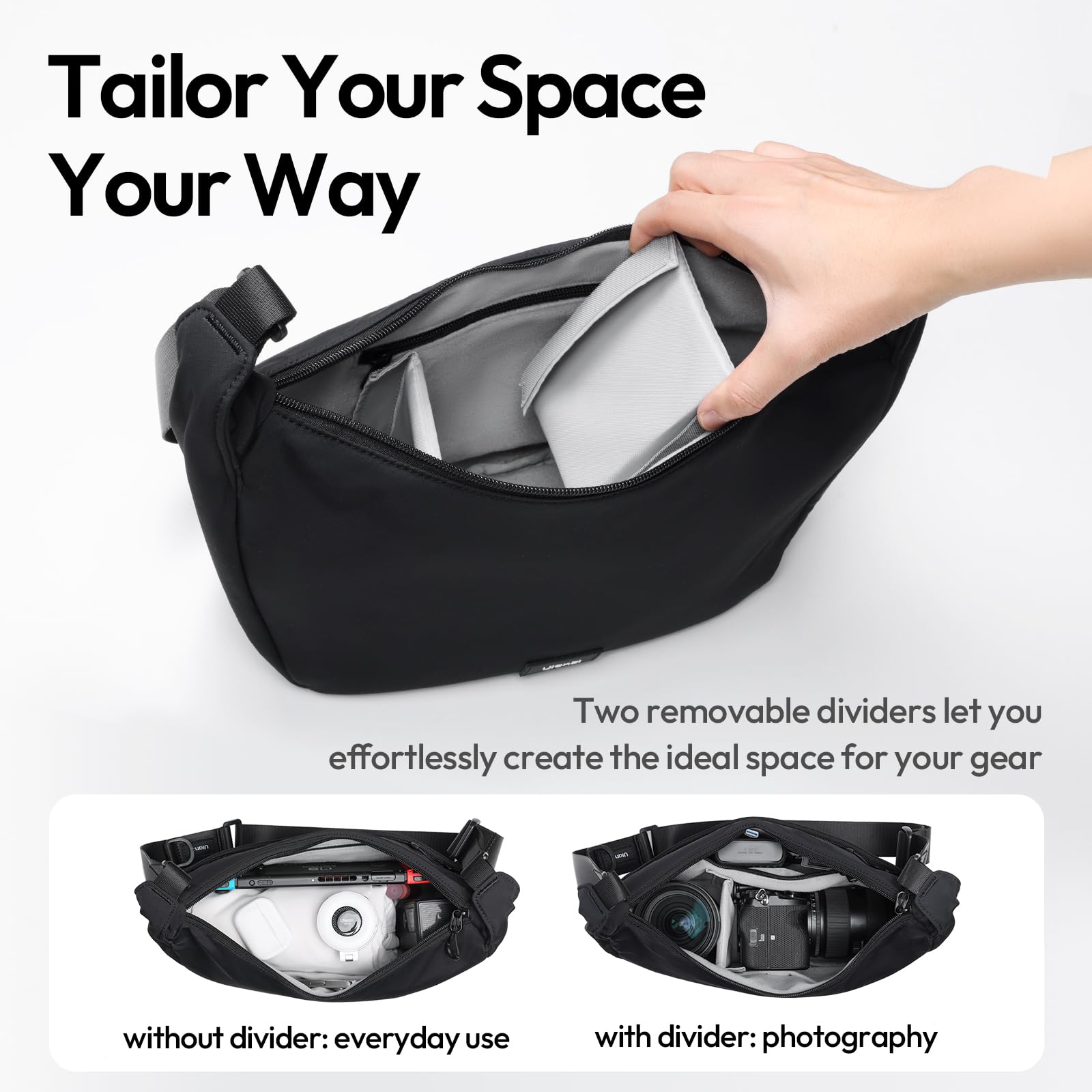 ULANZI Bolsa para Cámara, Bolso Bandolera Semilunar Ligera Elegante con Divisores para Cámara Réflex Digital, Accesorios, Viaje y Fotografía al Aire Libre, Negro