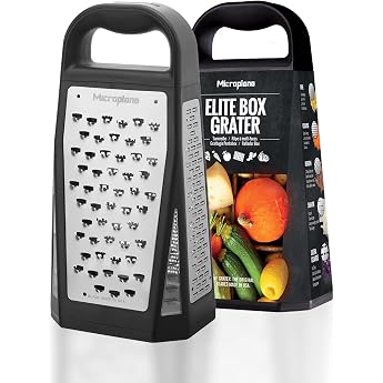 Microplane Tower Grater with 5 Grating Surfaces in Fine, Coarse, Very Coarse, 2-Way Cutting Edge and Large Rasp with Stainles