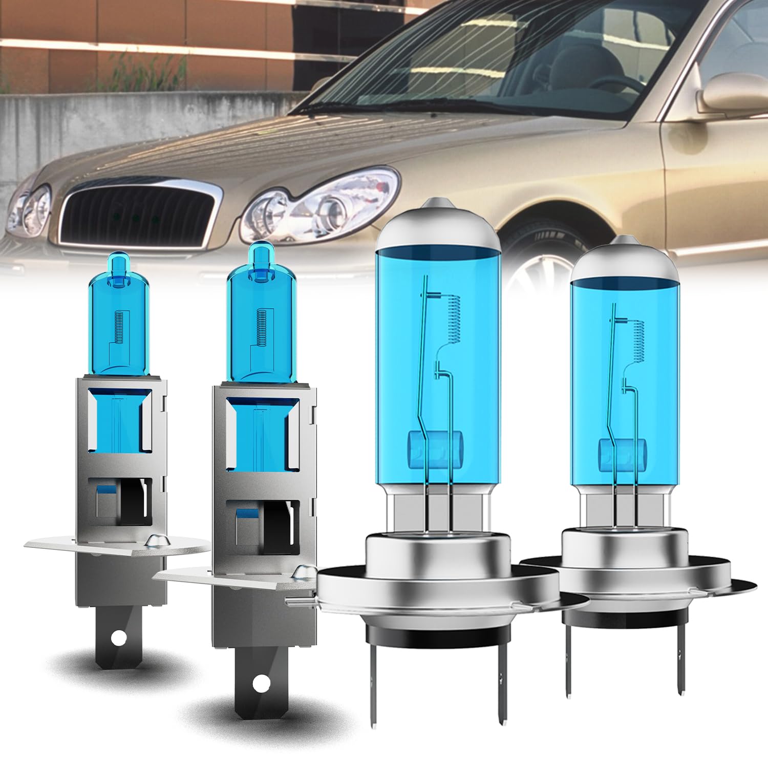 Headlight Bulbs Compatible With Hyundai Sonata 2002-2009, H1 High Beam + H7 Low Beam Halogen Light Bulb Combo, Super Bright 6000K White, Plug and Play, Pack of 4