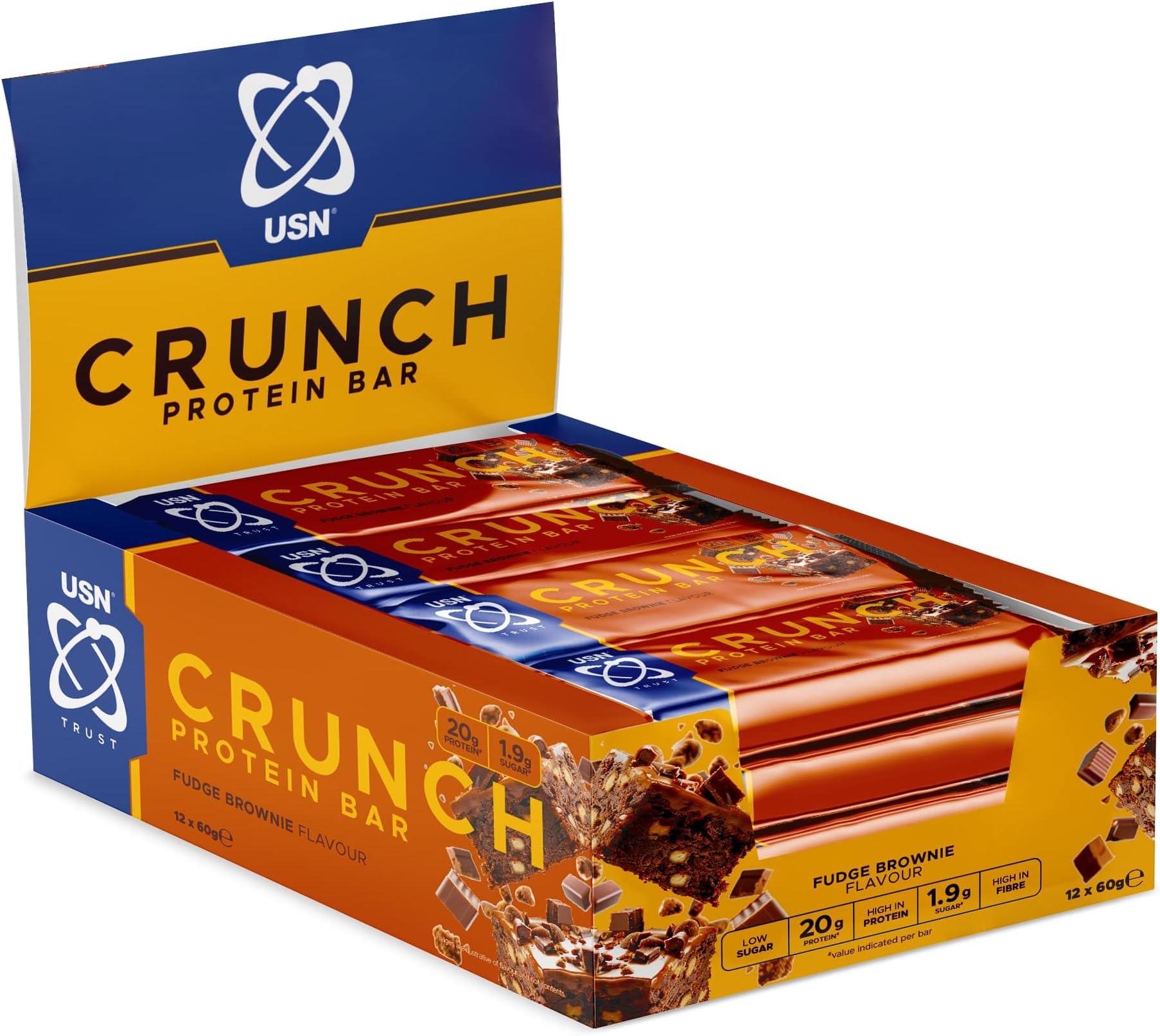 USN Trust Crunch Fudge Brownie Protein Bars: Indulgent and Filling High Protein Snacks - 20g Protein Per Bar (12 x 60g Bars)