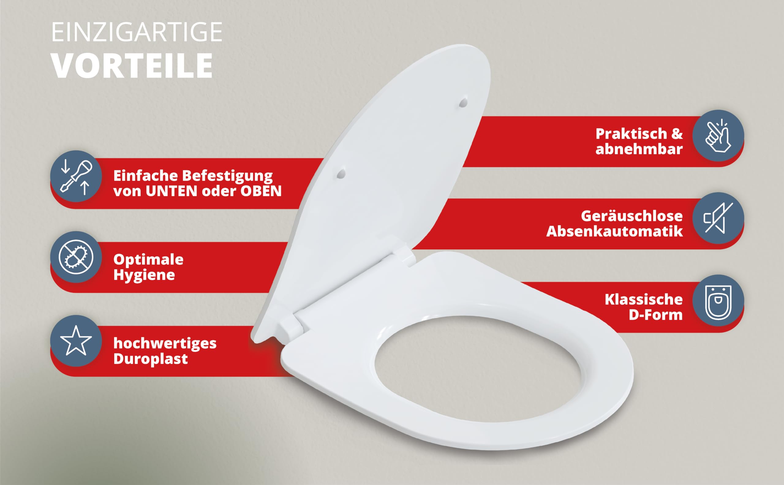 Toilettendeckel D-Form Slim – Klodeckel in weiß mit Absenkautomatik & Schnellverschluss, antibakterielle Klobrille aus Duroplast, abnehmbarer WC Sitz für einfache Montage & Reinigung