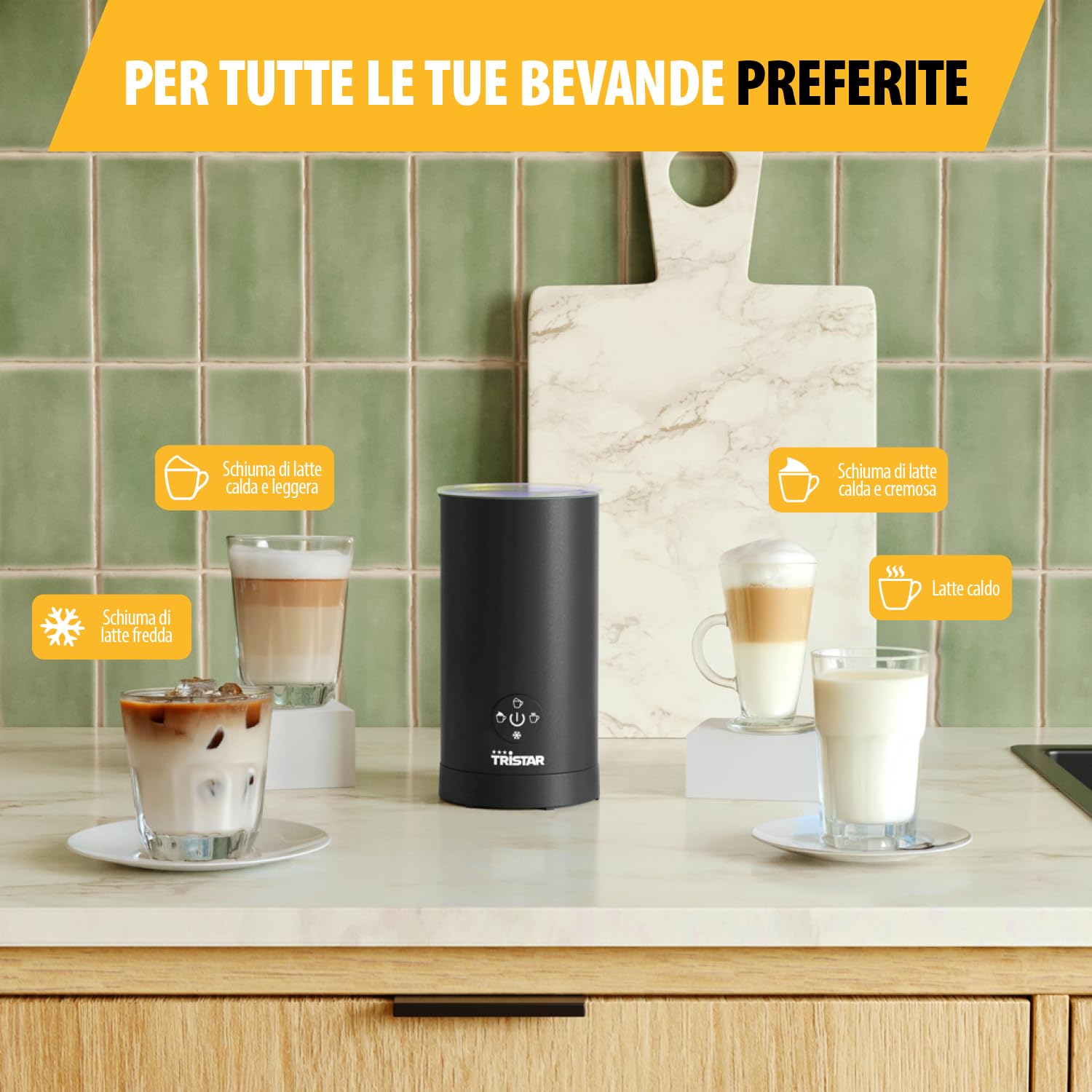 Tristar Milk Frother, Funzione 4 in 1, Potenza 500 W per Scaldare e Montare il Latte, Controllo a Un Pulsante, Caraffa Rimovibile, MK-2278