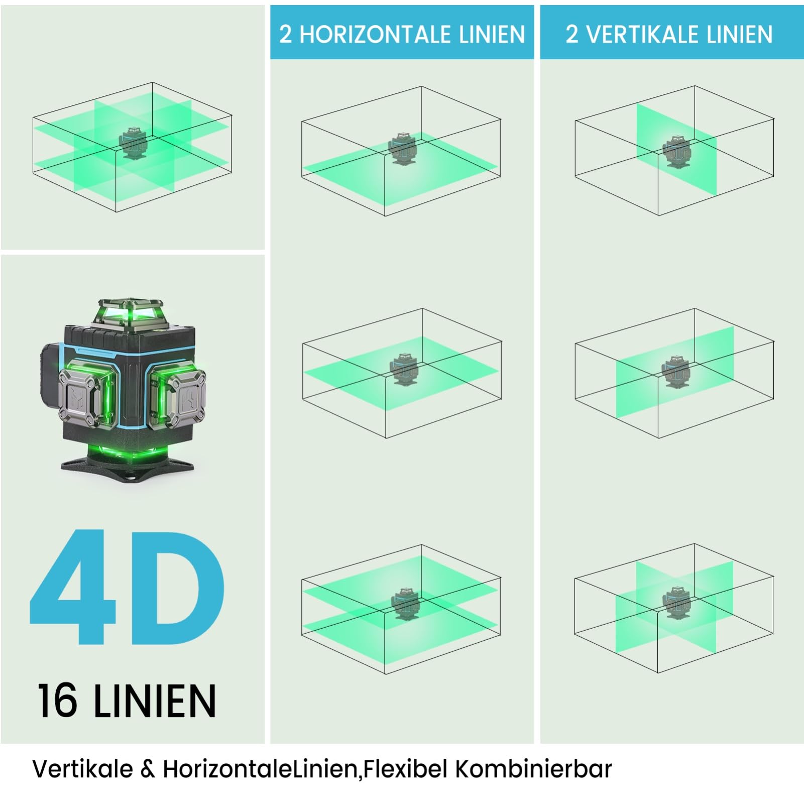 Kreuzlinienlaser mit Stativ, 4 x 360 ° Grün Laser Wasserwaage Selbstnivellierend 4D 16 Linienlaser für Baustelle Kreuzlaser Mit 1.5M Stativ, 6000mAh Wiederaufladbare Batterien, Fernbedienung