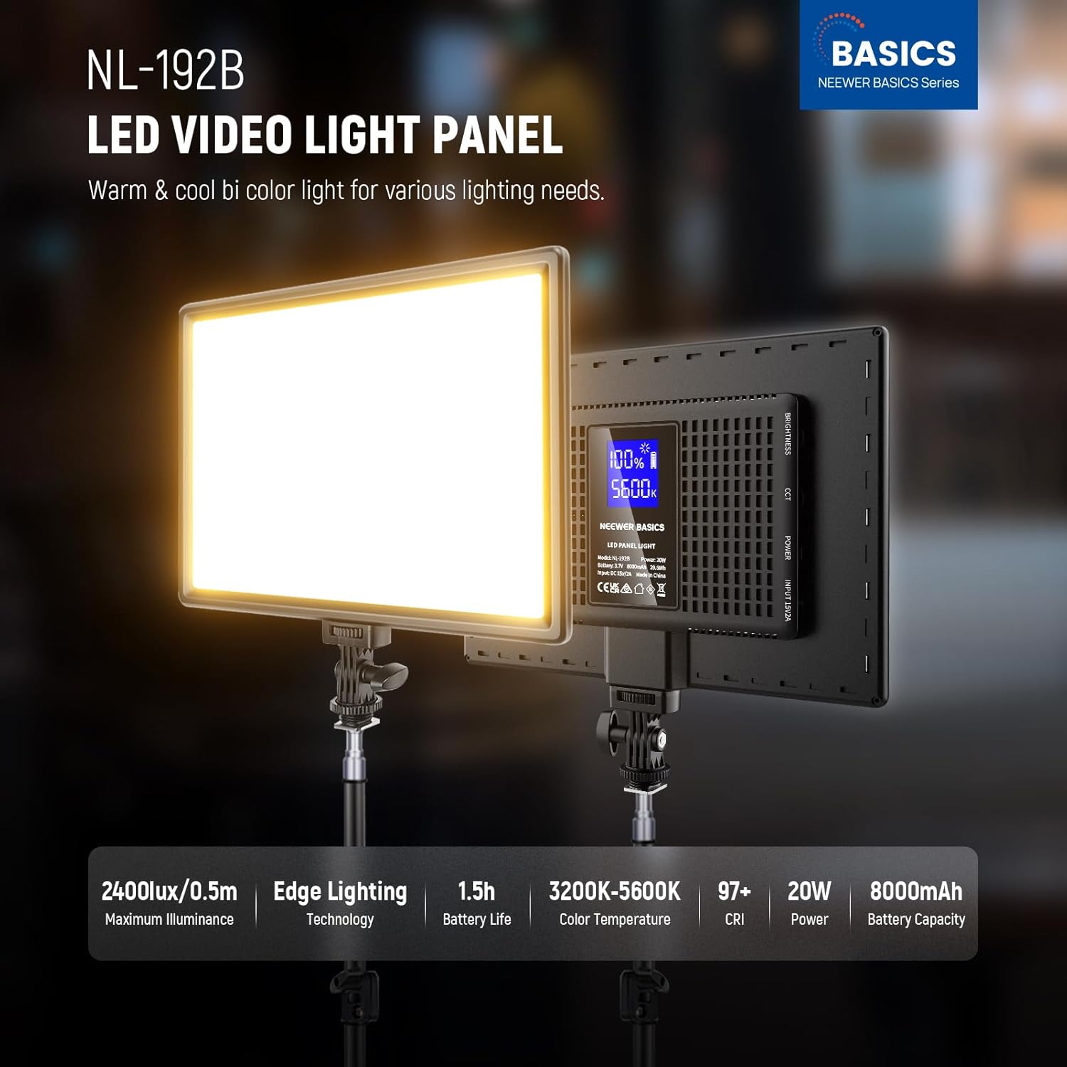 NEEWER BASICS 13" LED Video Light Panel, 2 Pack Studio Lighting Kit with Tripod Stands, Bi Color Photo Key Light for Streaming Photography Podcast Recording, 2400Lux 3200-5600K CRI97+ 8000mAh, NL-192B